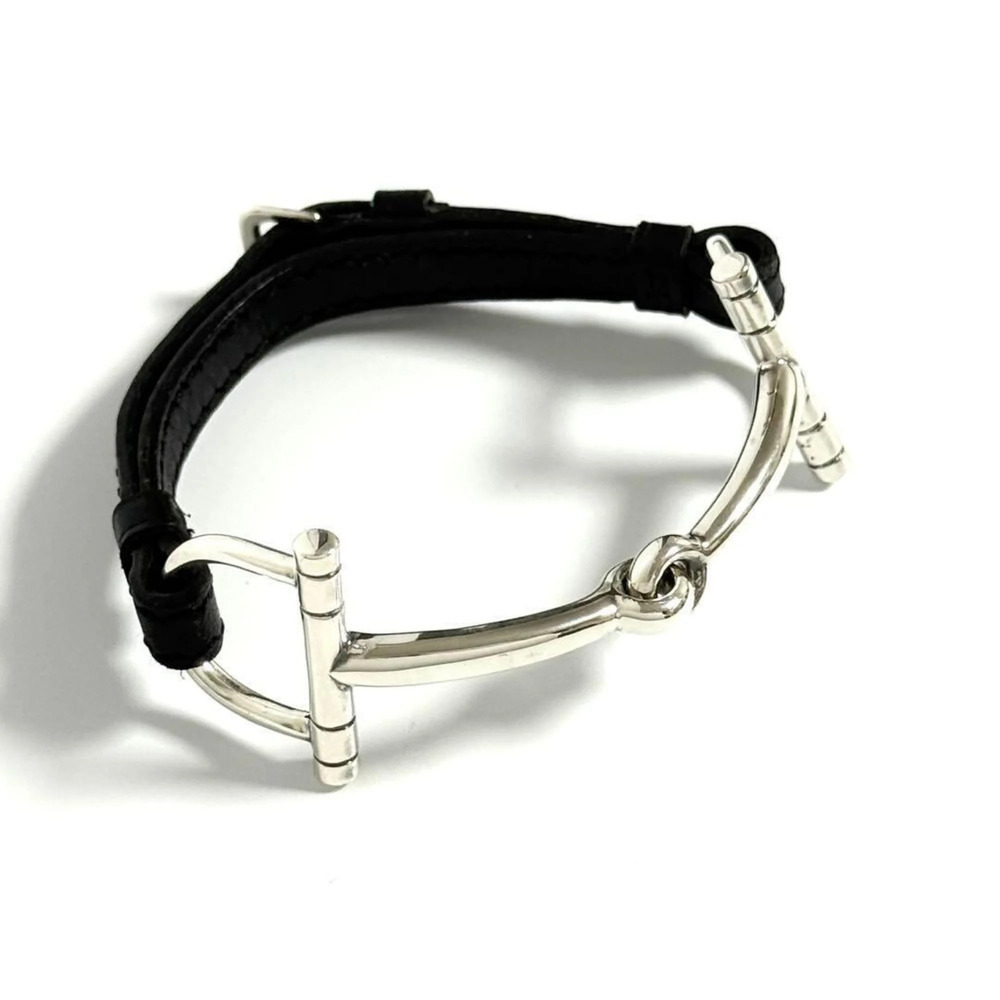 HERMES Silver Leather Horsebit Charm Bracelet